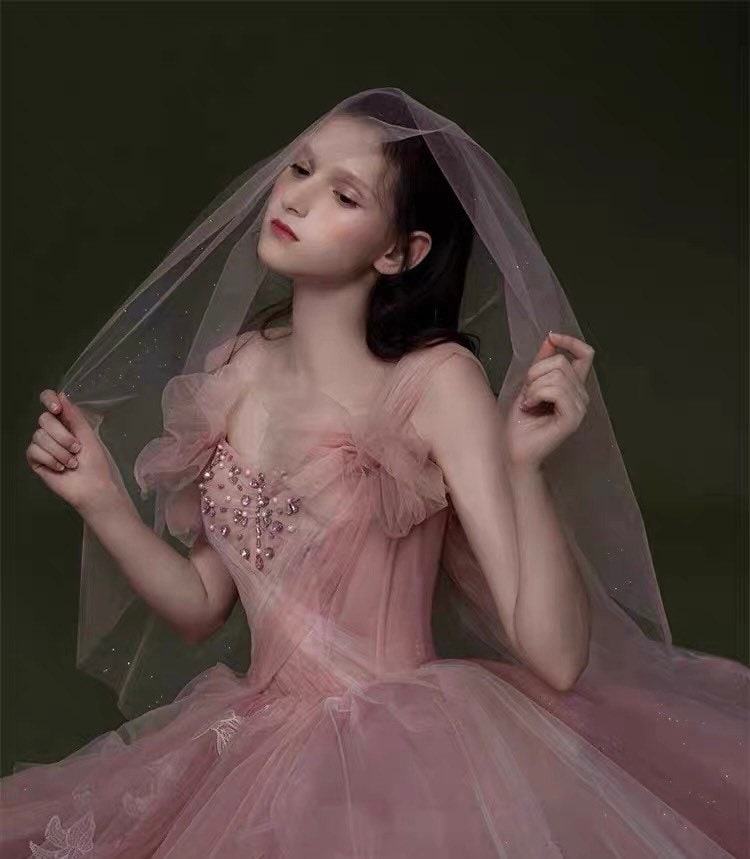 Pink Fairy A-line Tulle Wedding Dress with Handmade Flower Romantic Boho Lolita Princess Bridal Prom Party Gown