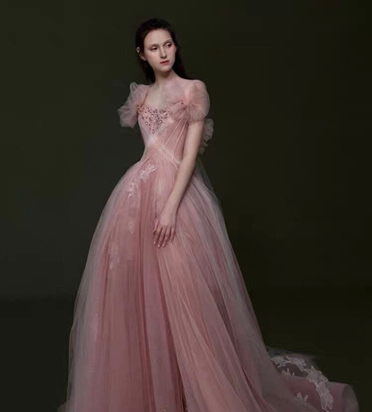 Pink Fairy A-line Tulle Wedding Dress with Handmade Flower Romantic Boho Lolita Princess Bridal Prom Party Gown