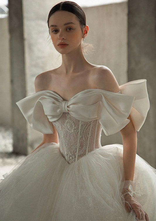 Off the shoulder fairytale corset wedding dress with bow, princess vintage unique ball gown, custom modest bridal dress