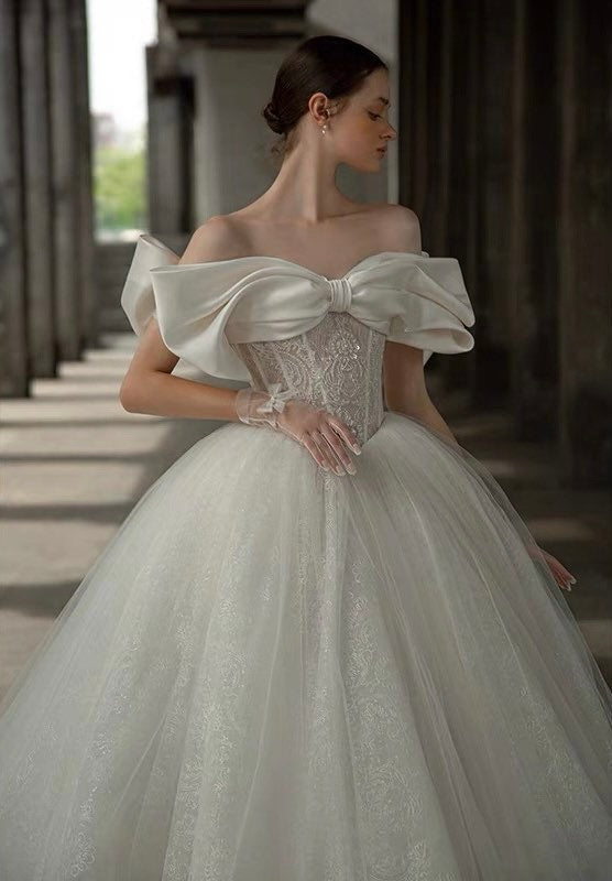 Off the shoulder fairytale corset wedding dress with bow, princess vintage unique ball gown, custom modest bridal dress