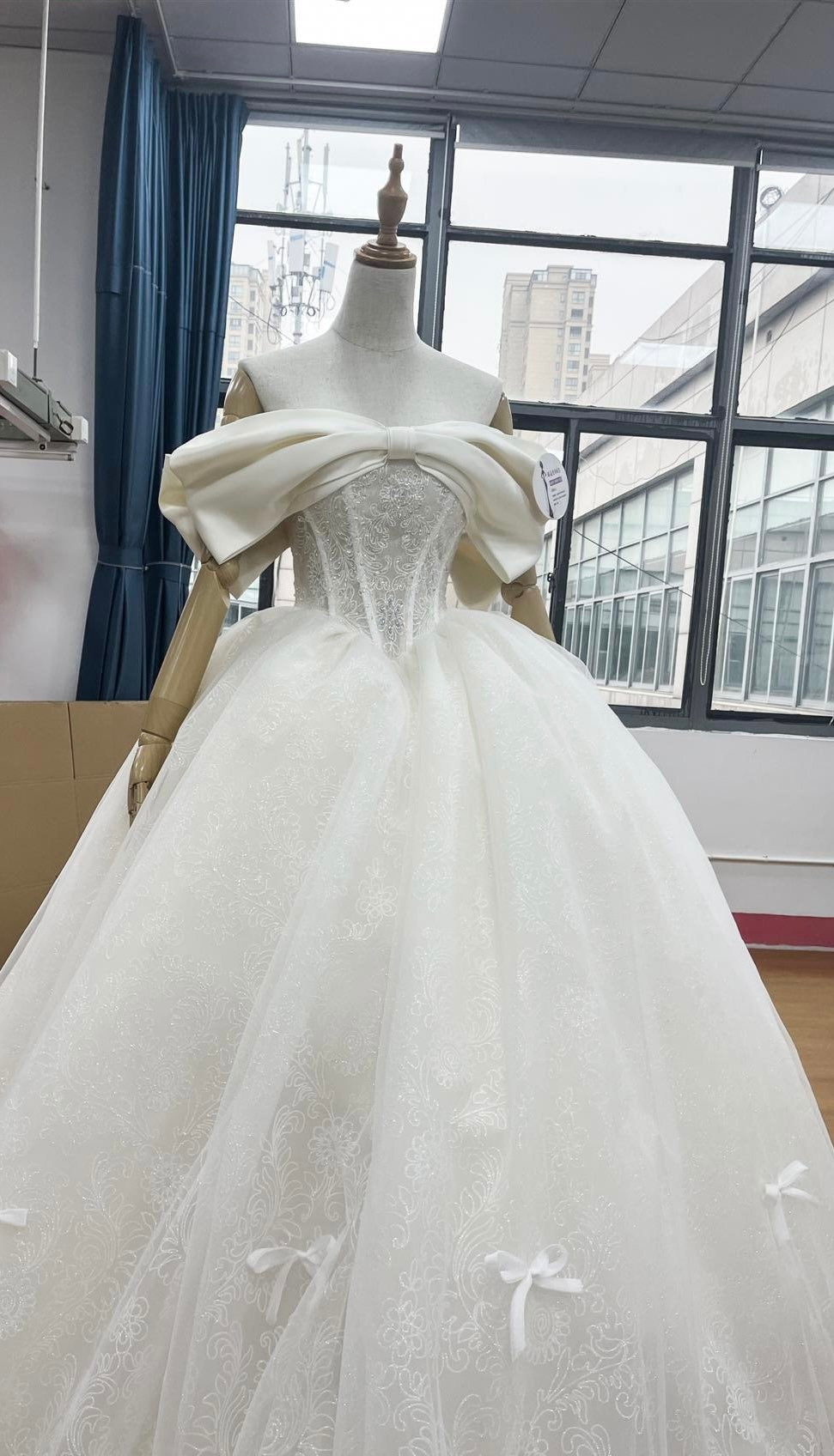 Off the shoulder fairytale corset wedding dress with bow, princess vintage unique ball gown, custom modest bridal dress