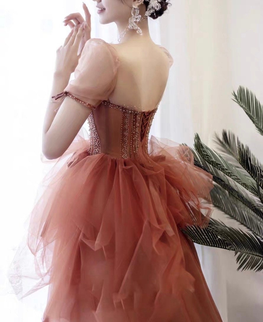 Tulle Puff Sleeve Fairy A-Line Wedding Bridal Dress & Prom Party Gown, Customizable Boho Floral Glitter Princess Lolita Sweetheart