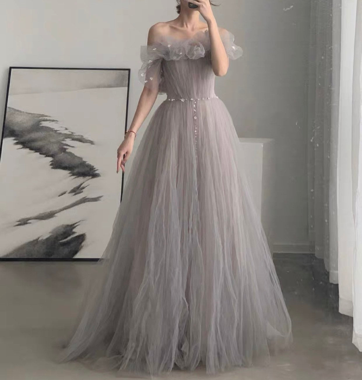 Off the Shoulder Tulle Fairy A-Line Prom Dress, Wedding Bridal Ball Gown, Boho Floral Princess Lolita Sweetheart Gray & Red