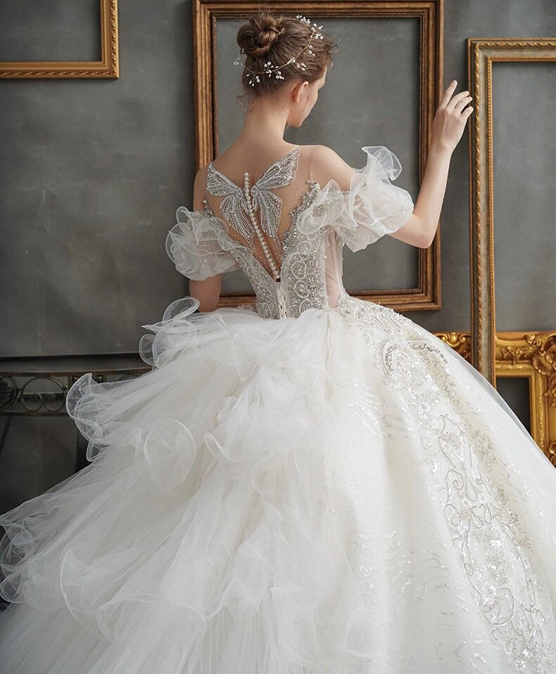 White Fairy A-line Tulle Bridal Wedding Dress, Customizable Prom Party Ball Gown, Romantic Boho Lolita Princess Sweetheart