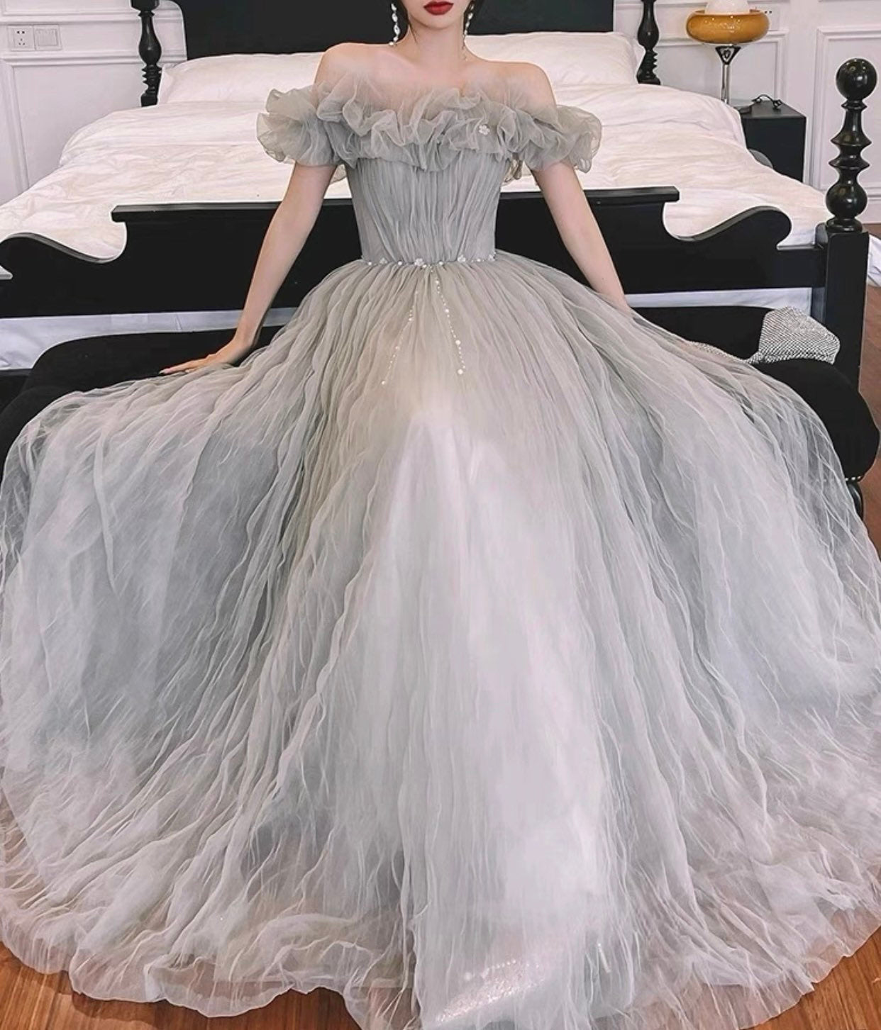 Off the Shoulder Tulle Fairy A-Line Prom Dress, Wedding Bridal Ball Gown, Boho Floral Princess Lolita Sweetheart Gray & Red