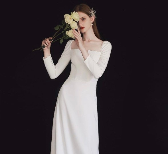 Minimalist white Satin Long Sleeves Mermaid Wedding Bridal Dress, After Party Gown, Simple, Modern & Elegant French Style