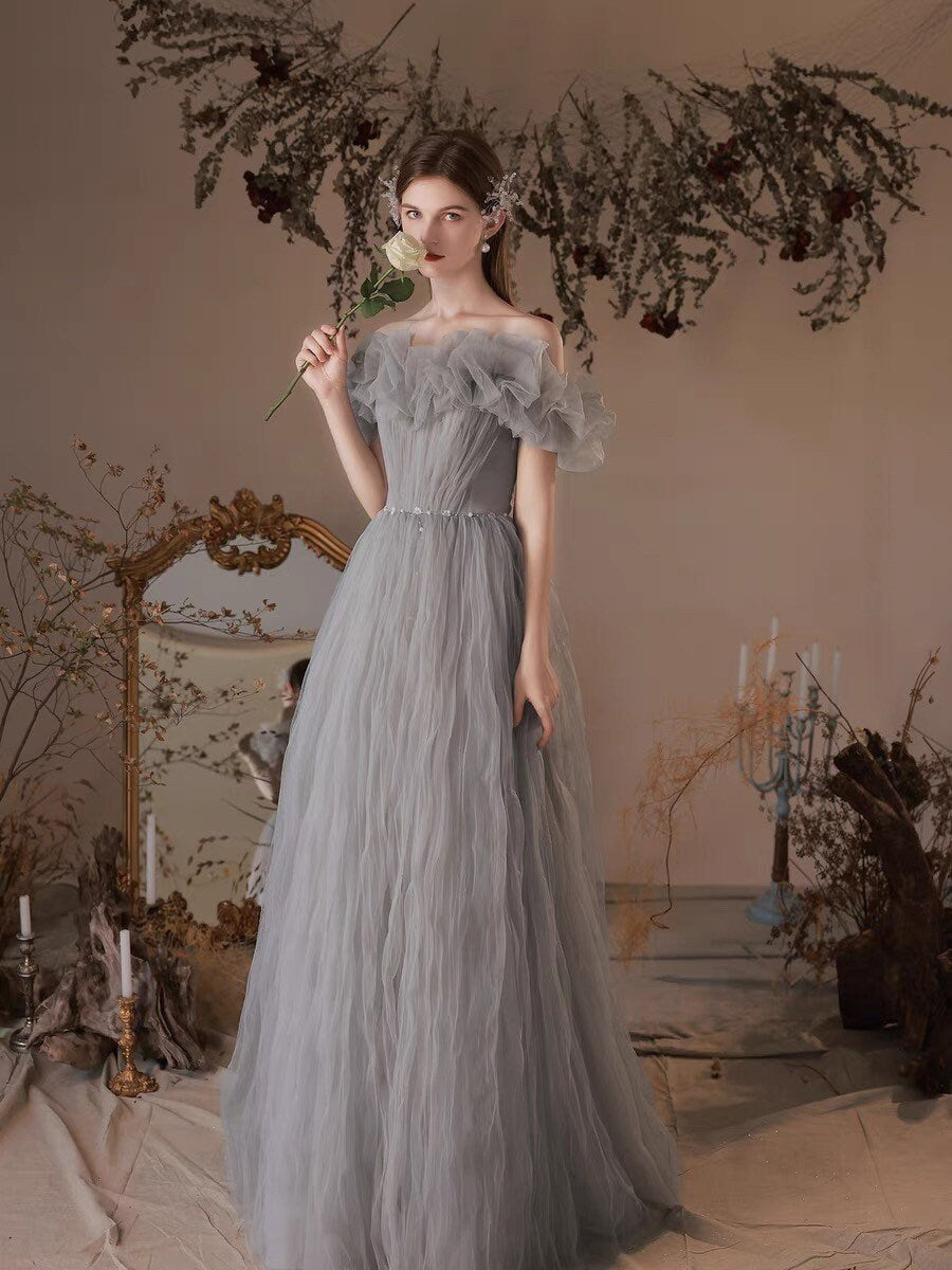 Off the Shoulder Tulle Fairy A-Line Prom Dress, Wedding Bridal Ball Gown, Boho Floral Princess Lolita Sweetheart Gray & Red