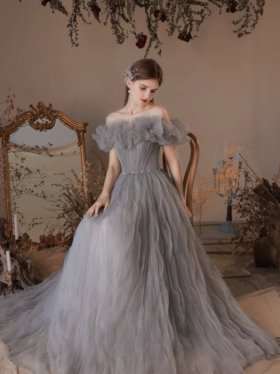 Off the Shoulder Tulle Fairy A-Line Prom Dress, Wedding Bridal Ball Gown, Boho Floral Princess Lolita Sweetheart Gray & Red