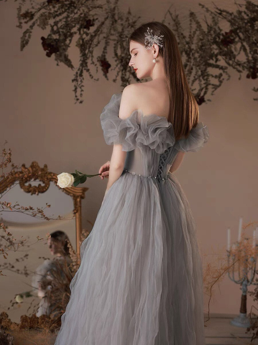 Off the Shoulder Tulle Fairy A-Line Prom Dress, Wedding Bridal Ball Gown, Boho Floral Princess Lolita Sweetheart Gray & Red