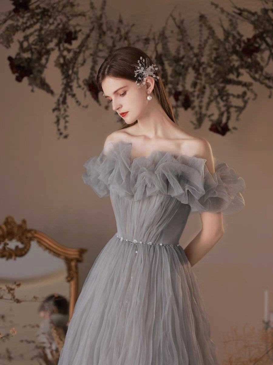 Off the Shoulder Tulle Fairy A-Line Prom Dress, Wedding Bridal Ball Gown, Boho Floral Princess Lolita Sweetheart Gray & Red