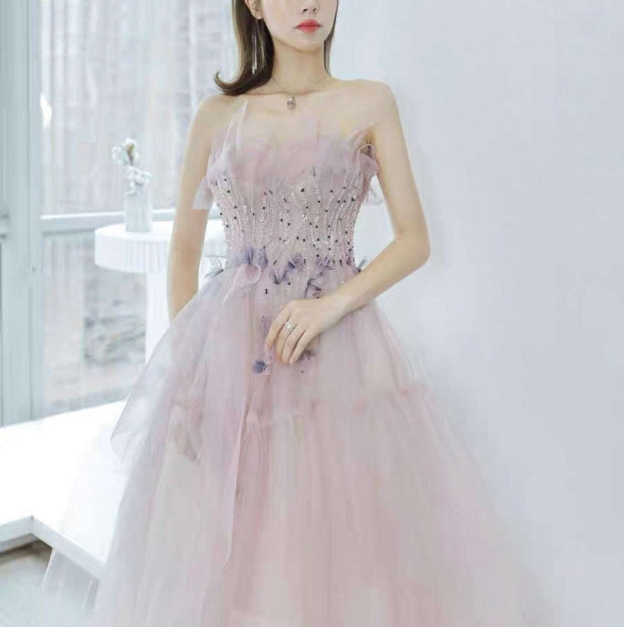 Pink Tulle Fairy A-line Prom Party dress, Wedding Bridal Gown, Bridesmaid Dress, Romantic Boho Lolita Princess