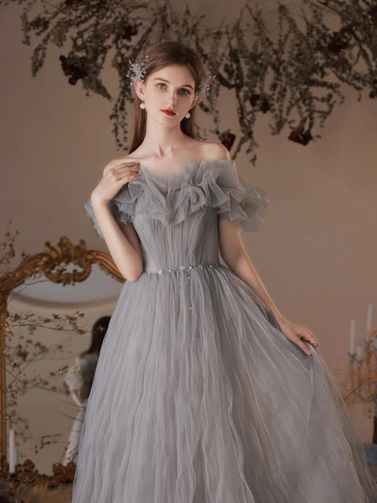 Off the Shoulder Tulle Fairy A-Line Prom Dress, Wedding Bridal Ball Gown, Boho Floral Princess Lolita Sweetheart Gray & Red