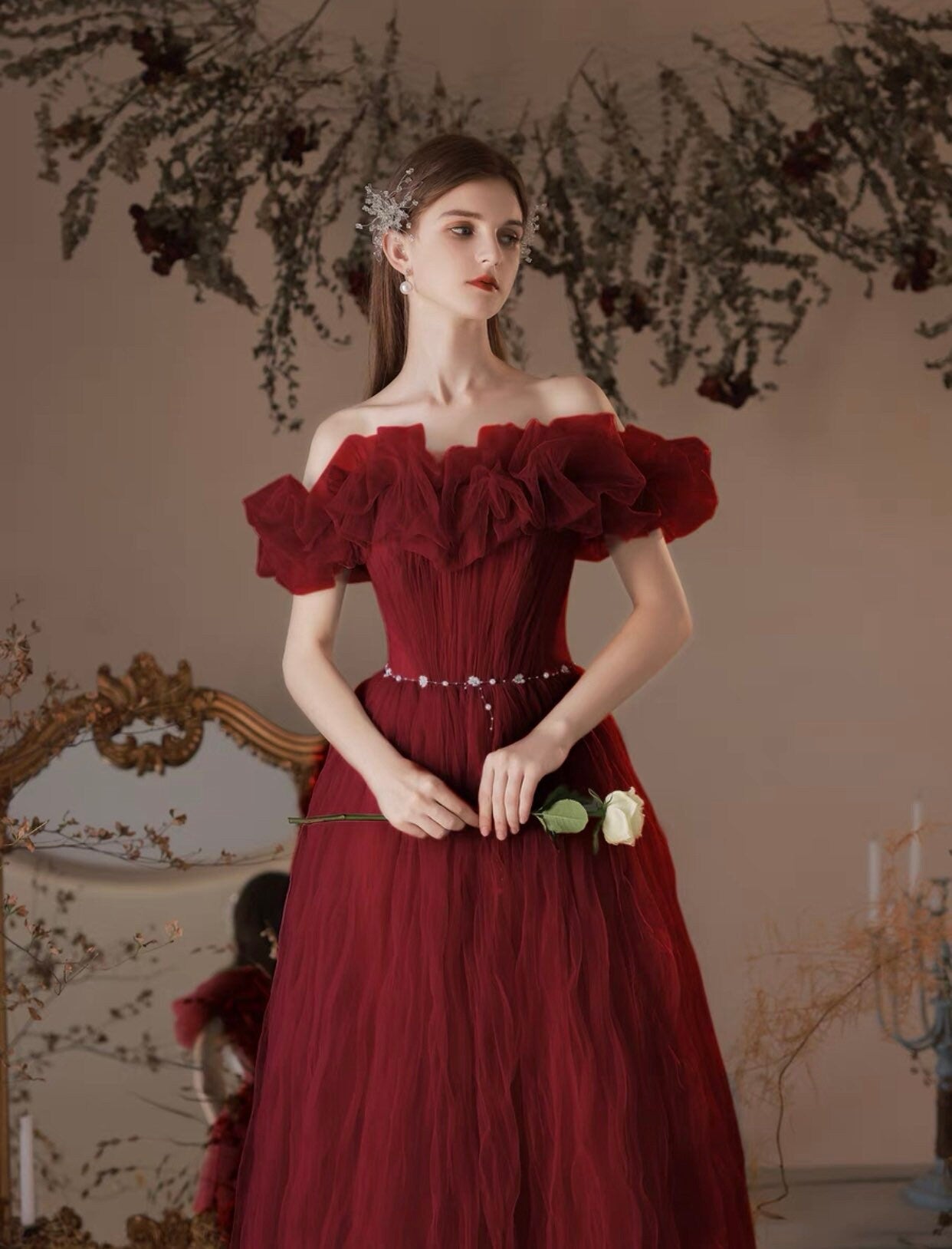 Off the Shoulder Tulle Fairy A-Line Prom Dress, Wedding Bridal Ball Gown, Boho Floral Princess Lolita Sweetheart Gray & Red