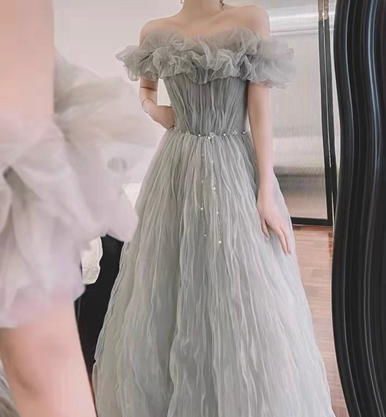 Off the Shoulder Tulle Fairy A-Line Prom Dress, Wedding Bridal Ball Gown, Boho Floral Princess Lolita Sweetheart Gray & Red