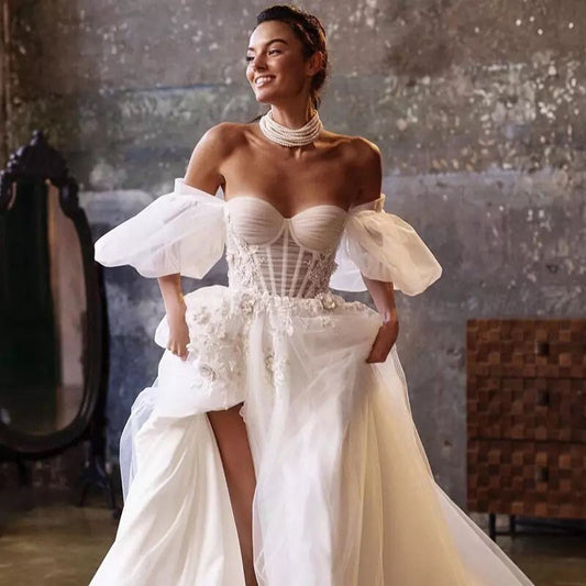 Off the Shoulder Fairy A-line Slit Wedding Dress with Detached Long Sleeves, Custom Sexy Boho Prom Party Gown