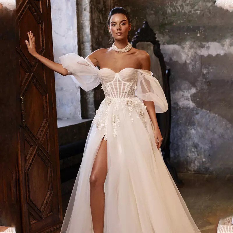 Off the Shoulder Fairy A-line Slit Wedding Dress with Detached Long Sleeves, Custom Sexy Boho Prom Party Gown