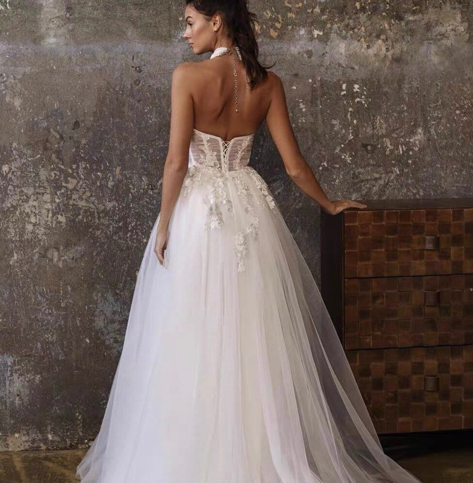 Off the Shoulder Fairy A-line Slit Wedding Dress with Detached Long Sleeves, Custom Sexy Boho Prom Party Gown