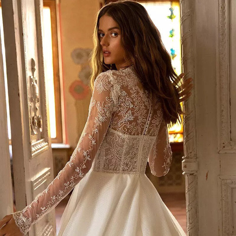 Long Sleeve White lace Tulle Fairy A-line Wedding Bridal Dress Custom Elegant Prom Party Gown Boho Princess Classic Romantic Lolita