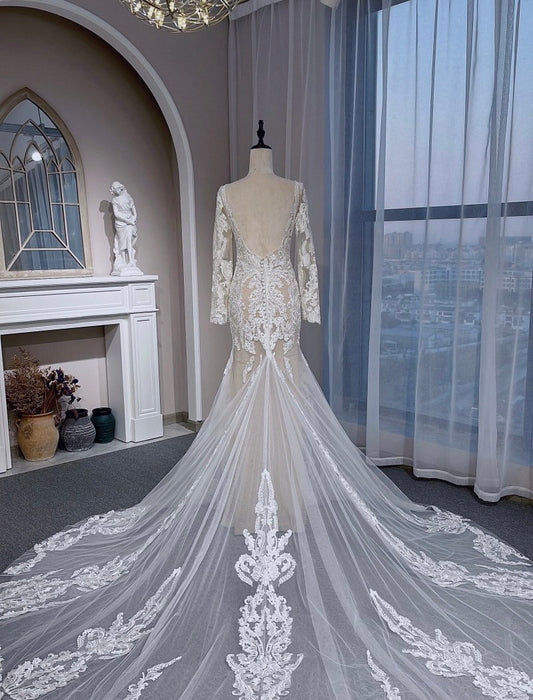 Custom Long Sleeve Ivory Lace Mermaid Wedding Bridal Dress, Elegant Romantic Prom Party Gown Fairy Boho Princess Style.