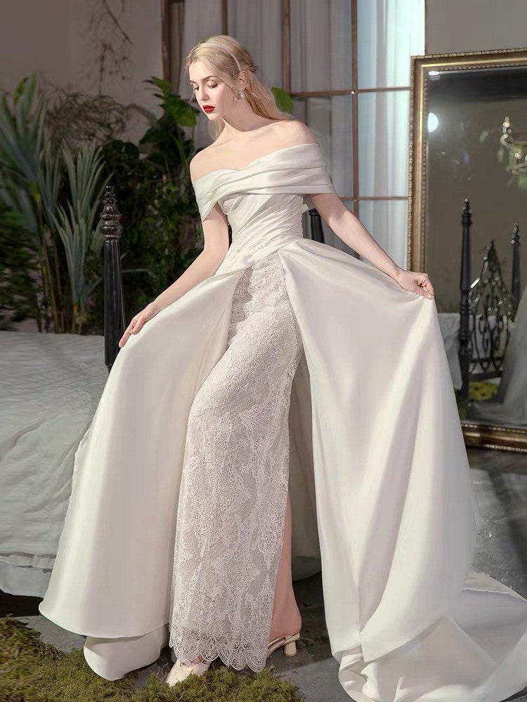 Off the Shoulder Satin A-Line Wedding Bridal Dress & Prom Party Gown, Customizable Boho Elegant Princess Lolita Sweetheart