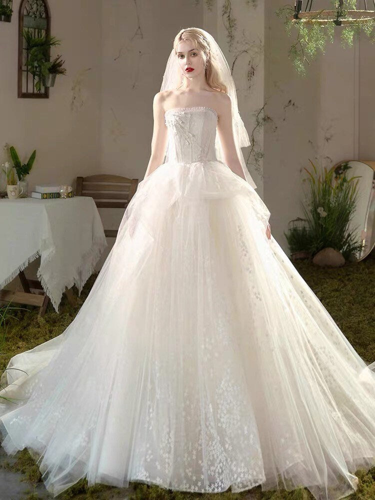 Fairytale Tulle A-Line Wedding Bridal Dress & Prom Party Gown, Customizable Boho Elegant Princess Lolita Sweetheart