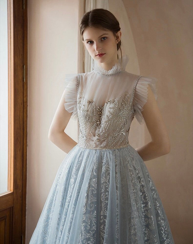 Blue Tulle Wedding Dress, Fairy A-line Prom Party Ball Gown, Bridal Bridesmaid Event Dress, Romantic Boho Lolita Princess Sweetheart