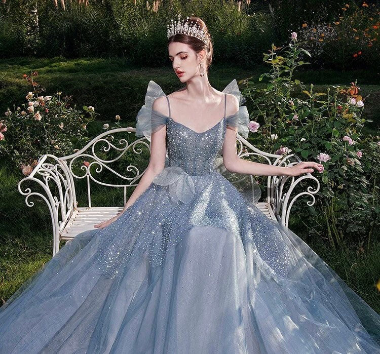 Blue Butterfly Fairy Tulle A-line Wedding Bridal Dress Romantic Boho Lolita Princess Style Prom Party Gown Bridesmaid Dress