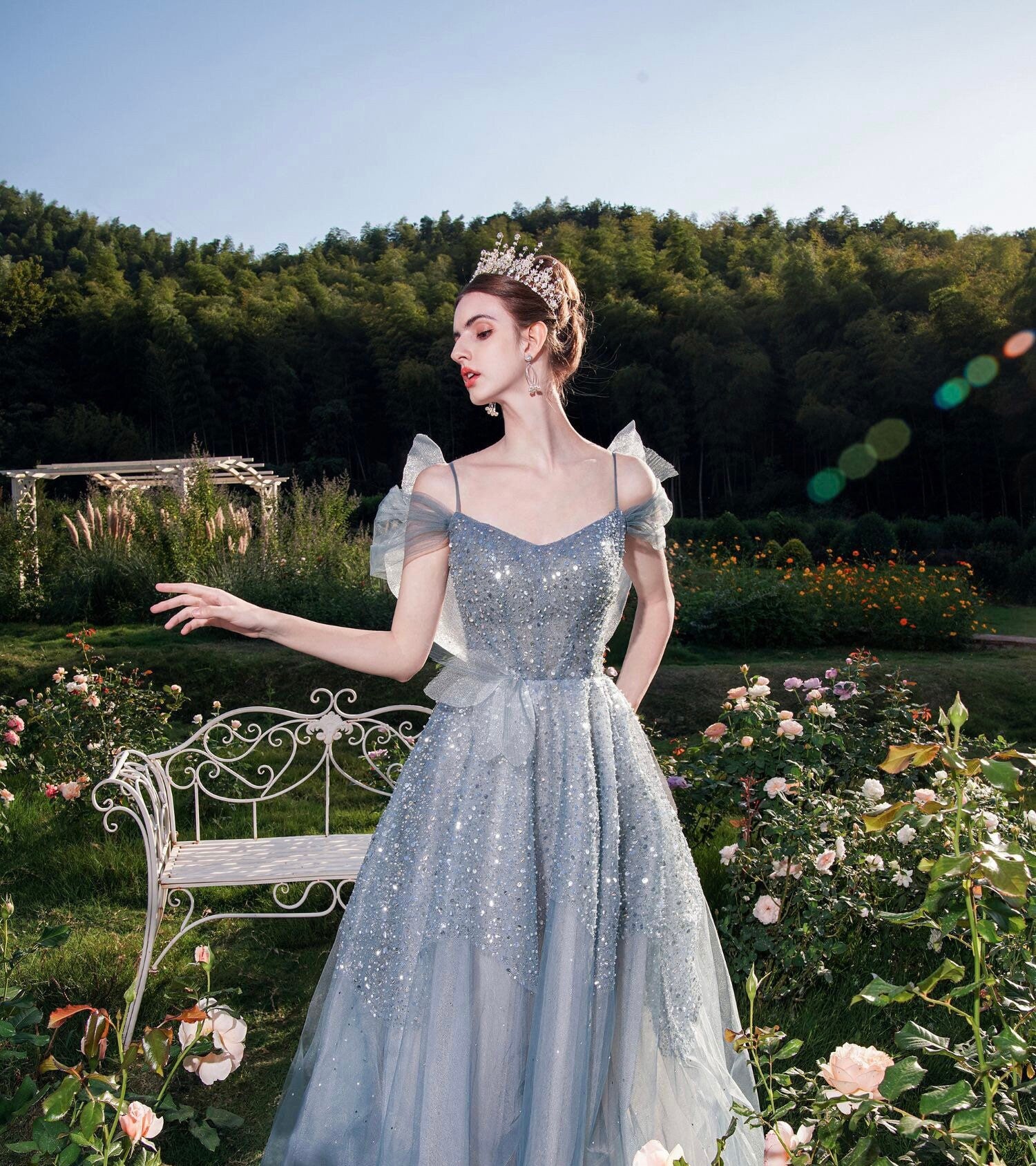 Blue Butterfly Fairy Tulle A-line Wedding Bridal Dress Romantic Boho Lolita Princess Style Prom Party Gown Bridesmaid Dress