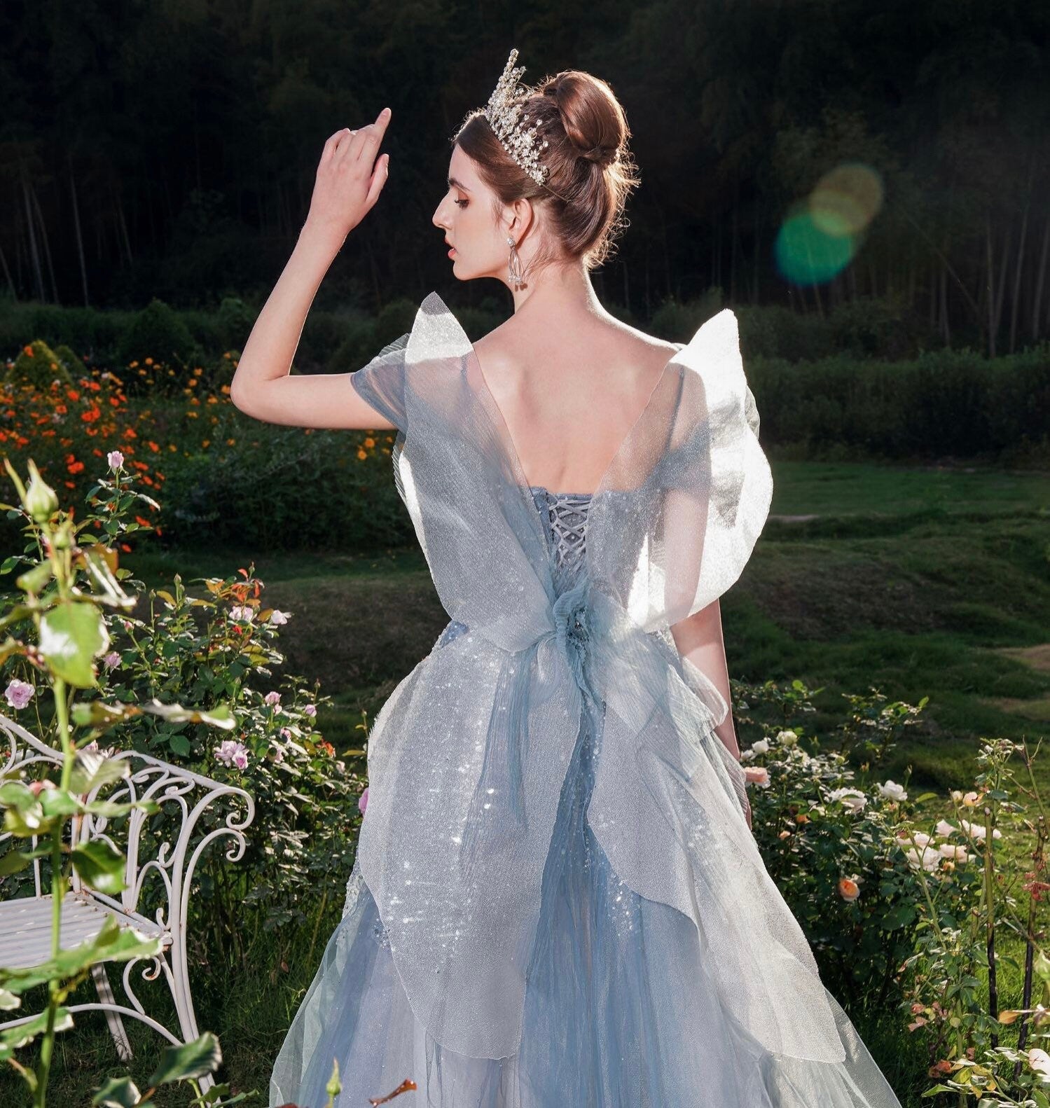 Blue Butterfly Fairy Tulle A-line Wedding Bridal Dress Romantic Boho Lolita Princess Style Prom Party Gown Bridesmaid Dress