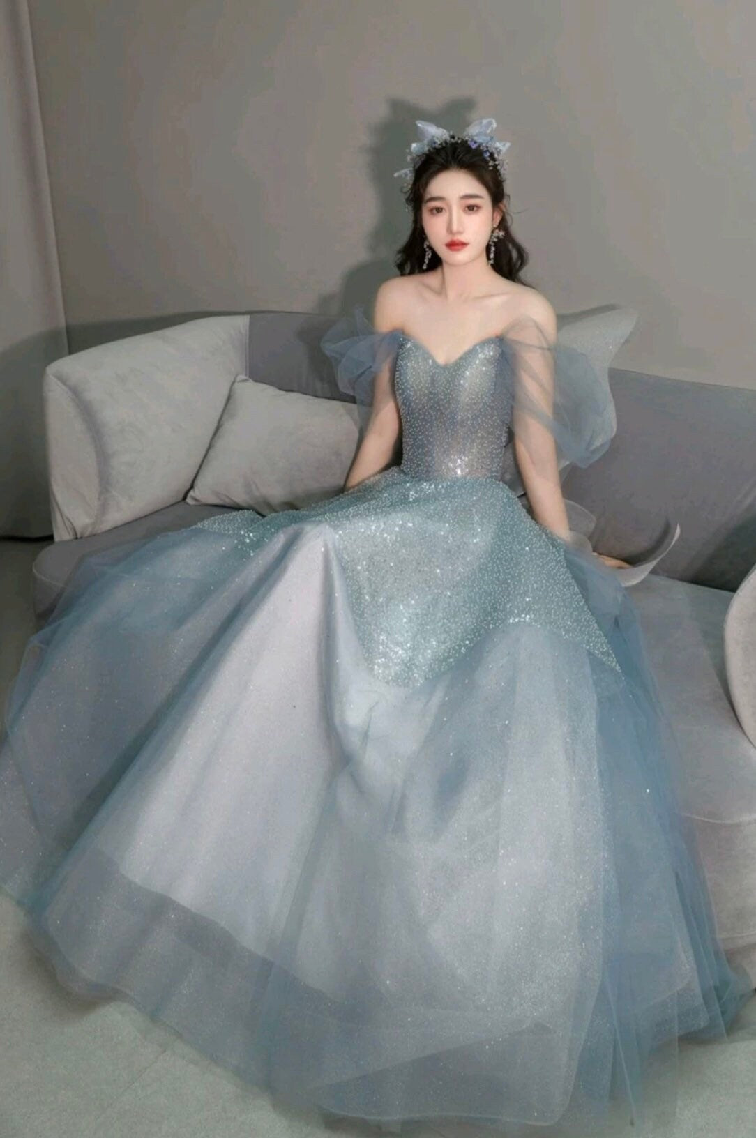 Blue Butterfly Fairy Tulle A-line Wedding Bridal Dress Romantic Boho Lolita Princess Style Prom Party Gown Bridesmaid Dress