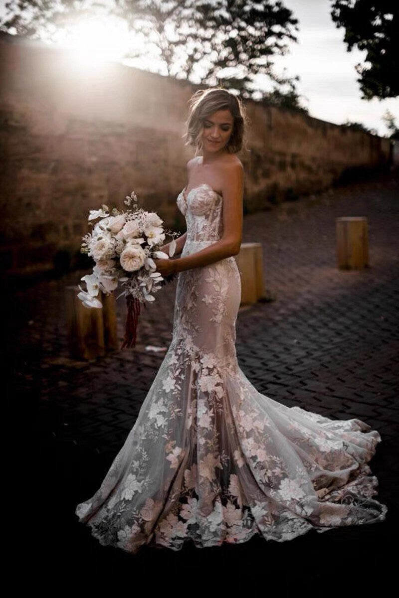 mermaid corset wedding dress Custom Corset Lace Mermaid Wedding Bridal Dress with Handmade 3D Flowe – Shindig Threads