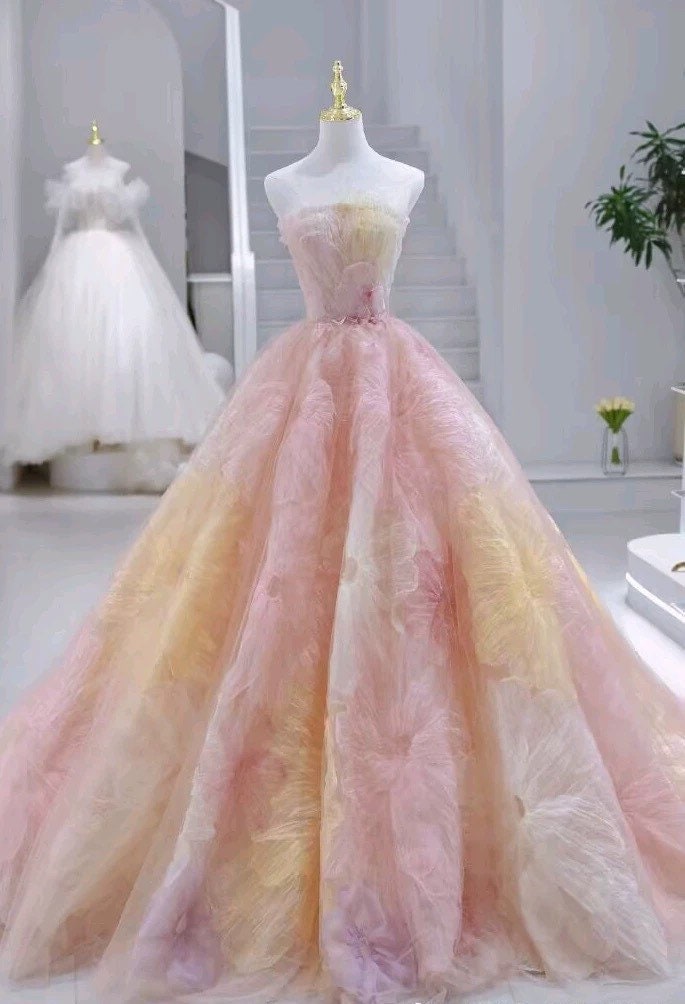 Pink Fairy A-line Tulle Wedding Bridal Dress with Veil, Lolita Princess Prom Party Gown, Customizable