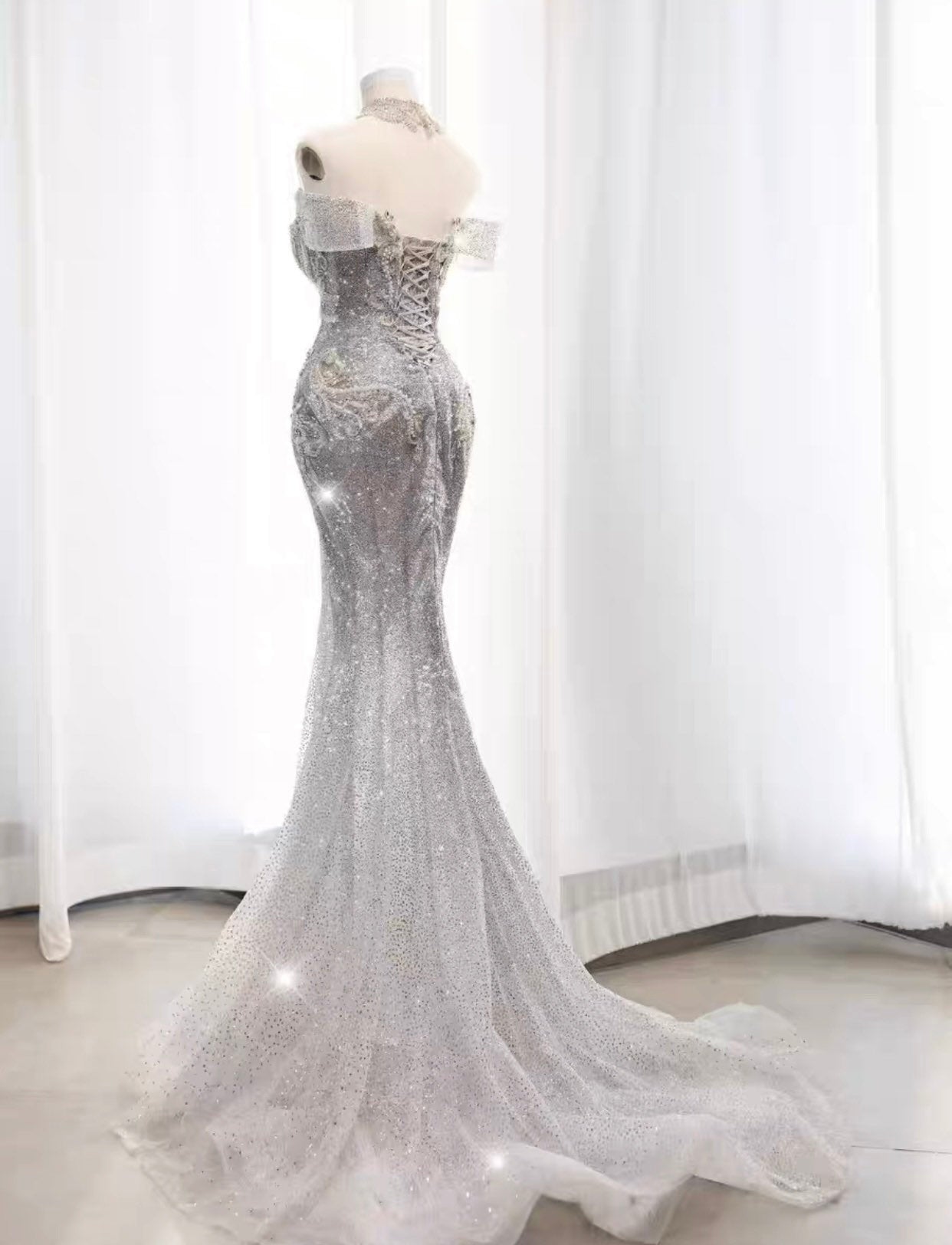 Off the Shoulder Luxury Beaded Mermaid Bridal Dress, Stunning and Unique Gown for Wedding, Prom & Party Event.