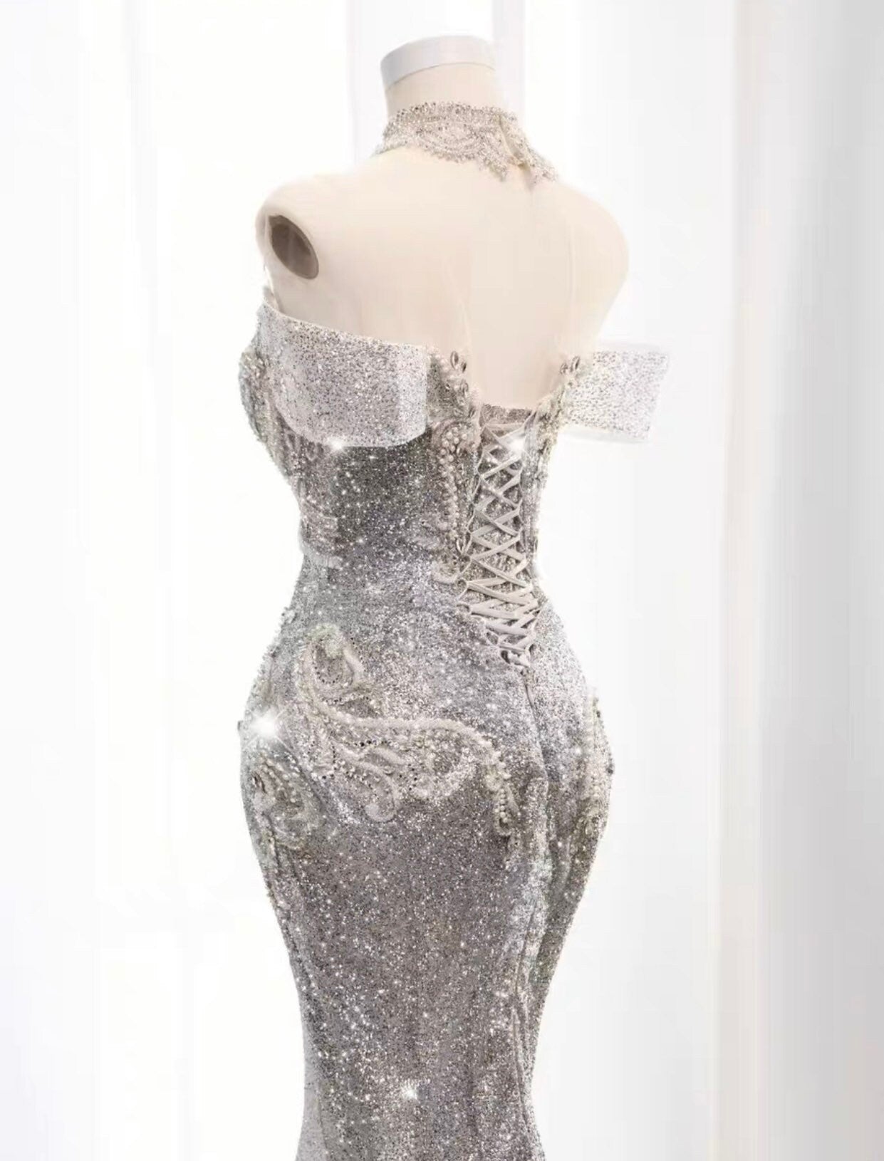 Off the Shoulder Luxury Beaded Mermaid Bridal Dress, Stunning and Unique Gown for Wedding, Prom & Party Event.