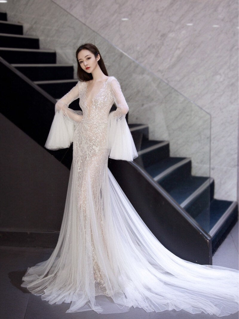 Custom Beaded Long Sleeve Mermaid Wedding Bridal Dress, Sexy Elegant Unique Prom Party Gown Fairy Boho Princess