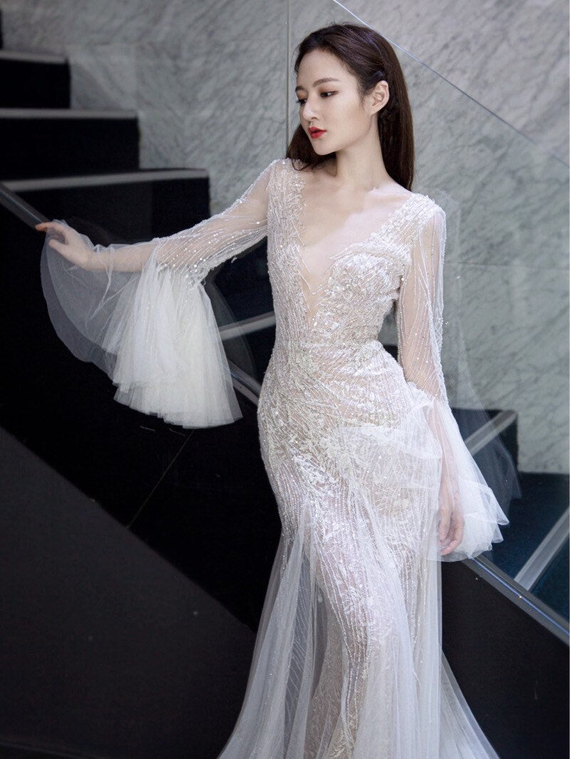 Custom Beaded Long Sleeve Mermaid Wedding Bridal Dress, Sexy Elegant Unique Prom Party Gown Fairy Boho Princess