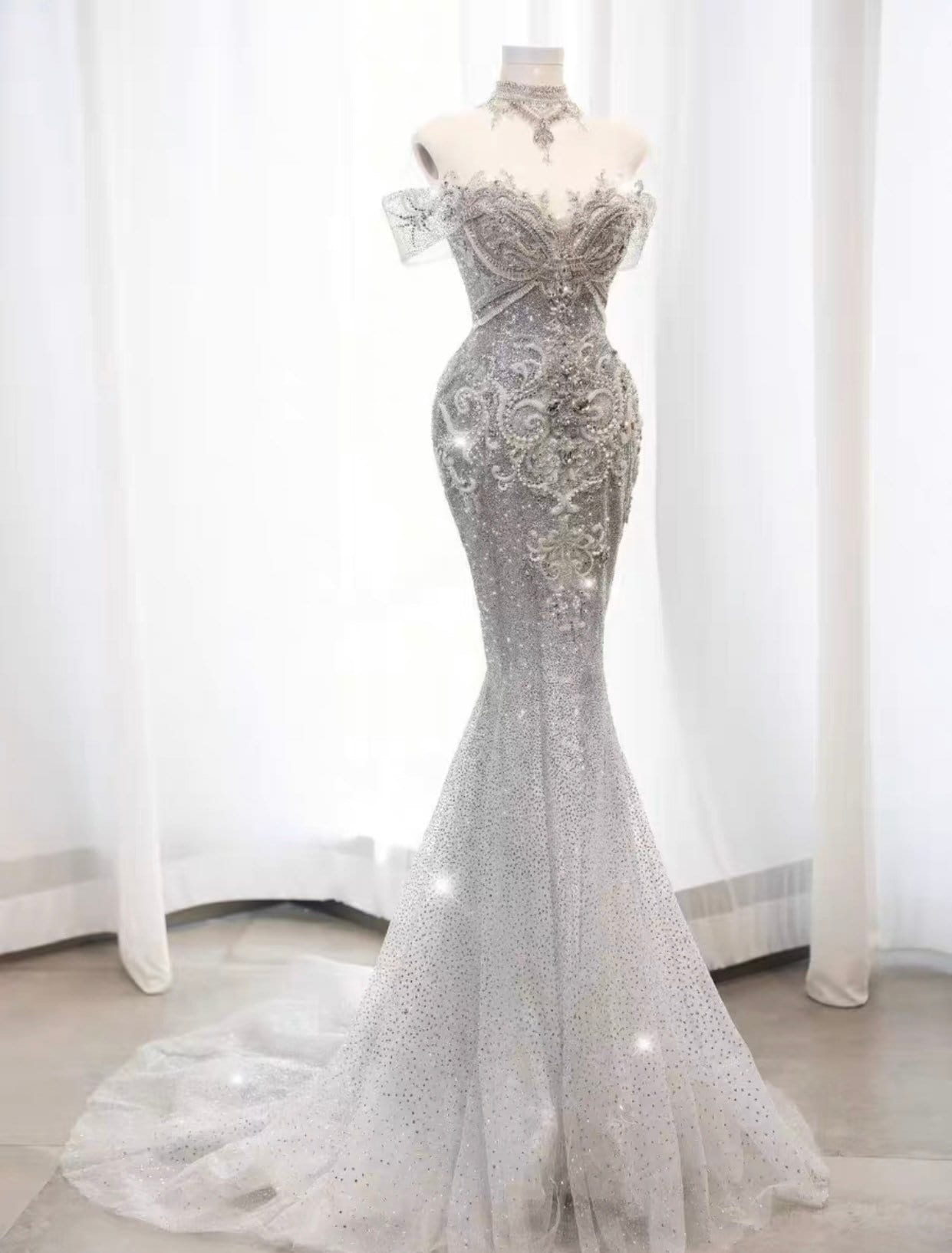 Off the Shoulder Luxury Beaded Mermaid Bridal Dress, Stunning and Unique Gown for Wedding, Prom & Party Event.