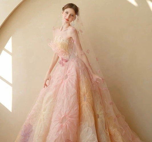 Pink Fairy A-line Tulle Wedding Bridal Dress with Veil, Lolita Princess Prom Party Gown, Customizable