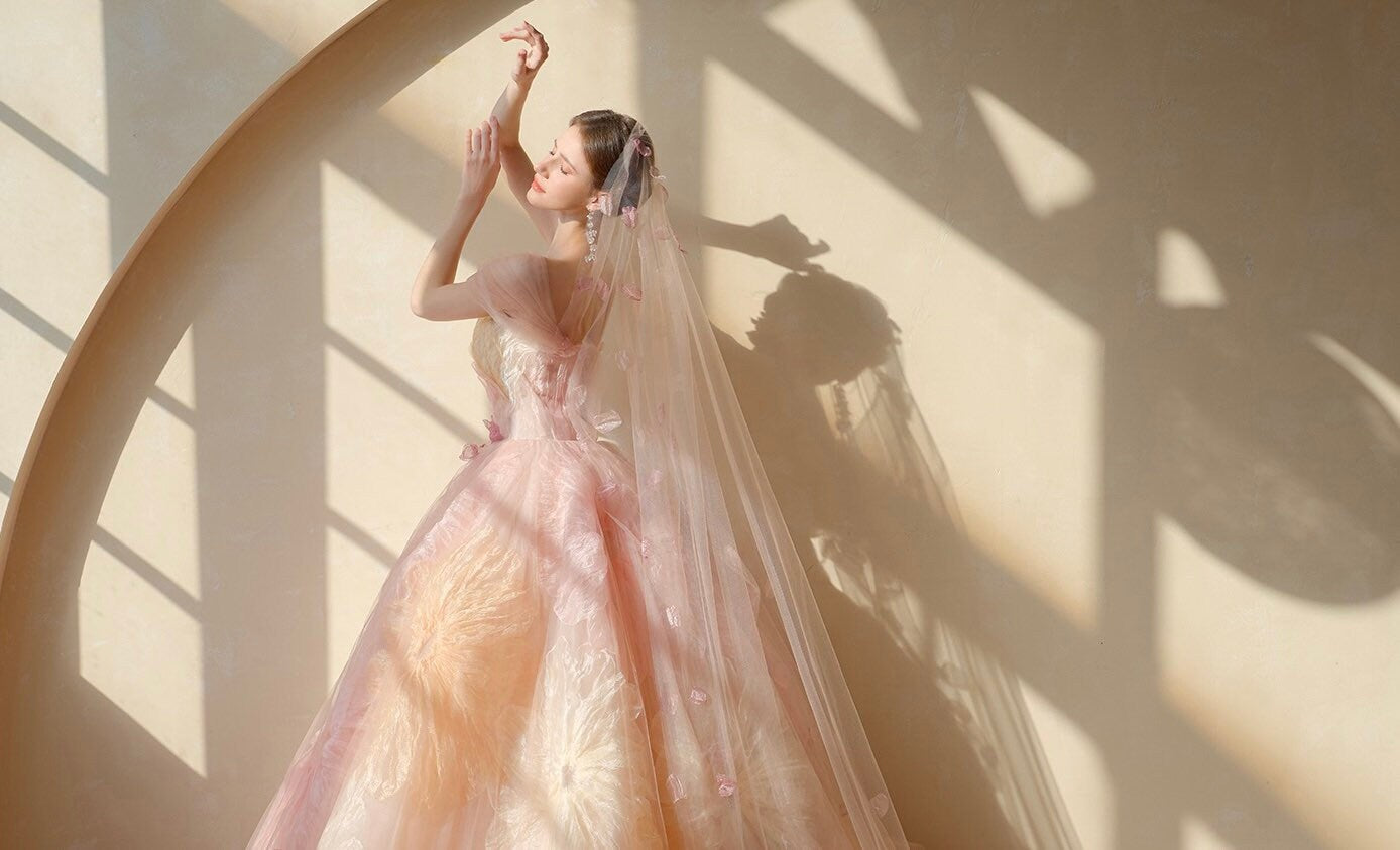 Pink Fairy A-line Tulle Wedding Bridal Dress with Veil, Lolita Princess Prom Party Gown, Customizable