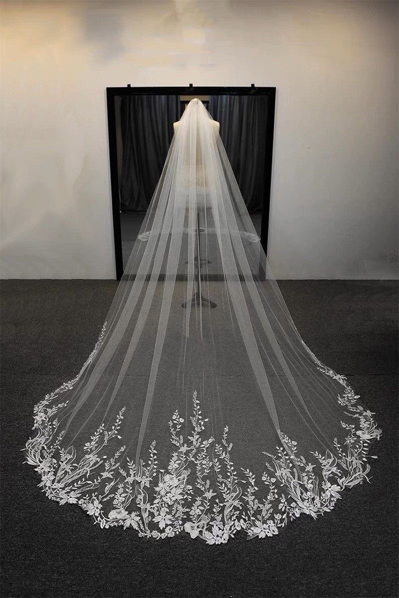 Unique Personalized Wedding Bridal Veil with Handmade flowers, phrases, words, letters, initials. Wedding gift for brides.