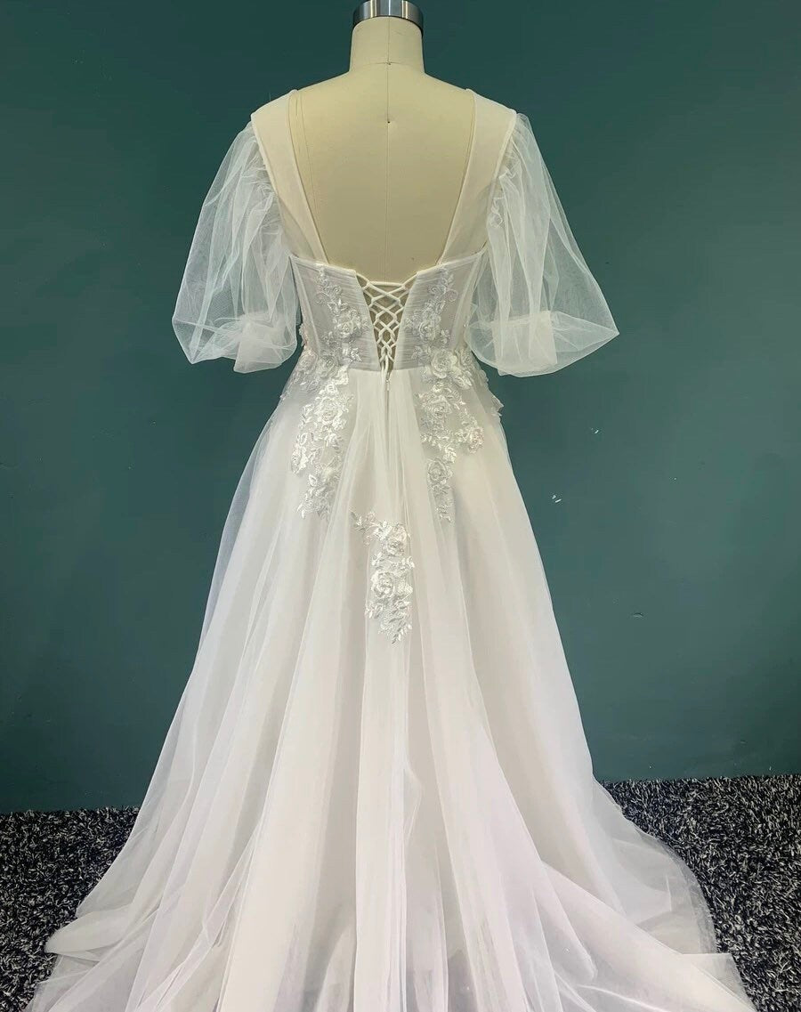 Off the Shoulder Fairy A-line Slit Wedding Dress with Detached Long Sleeves, Custom Sexy Boho Prom Party Gown