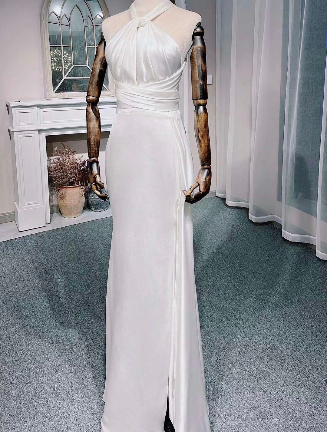 Custom Unique Satin Mermaid Wedding Prom Dress with Slit, Minimalist Simple Elegant Reception Dress, After Party Gown