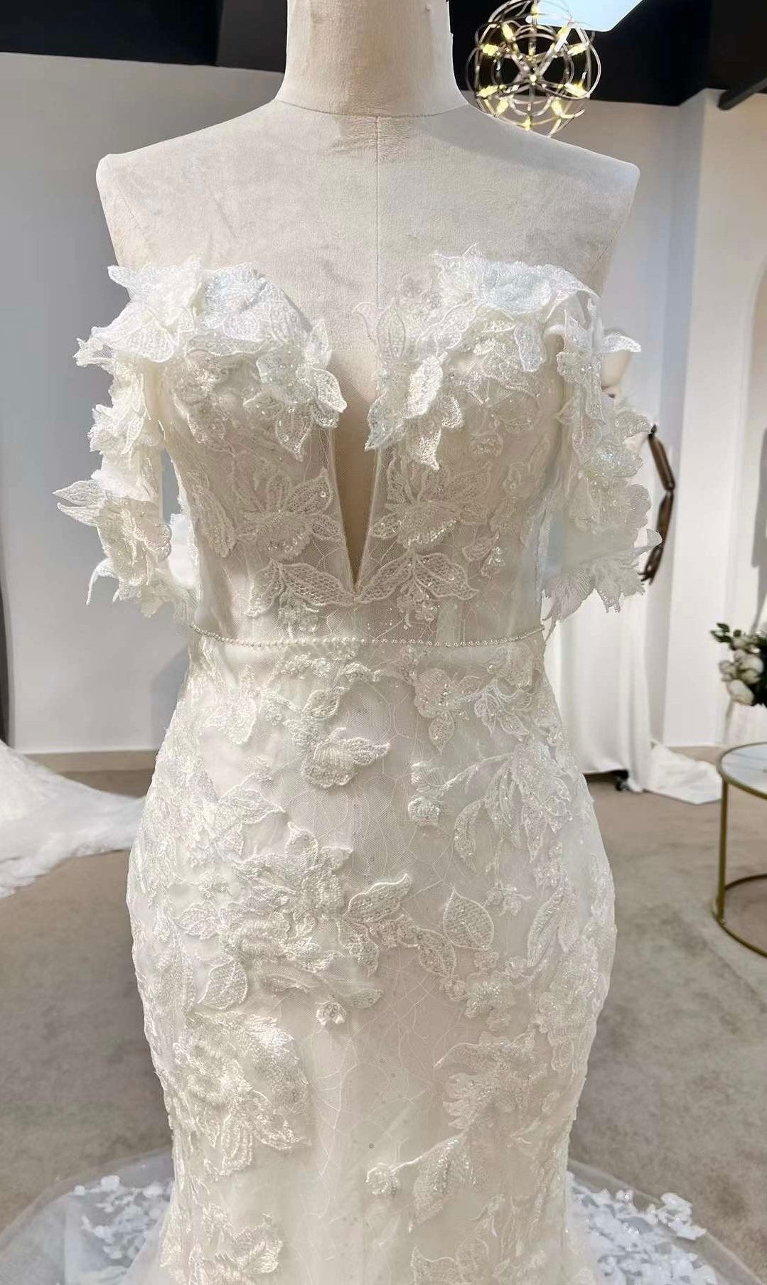 Off the Should Lace Mermaid Wedding Dress with 3D Flowers, Custom Unique Romantic Boho Floral Bridal Gown