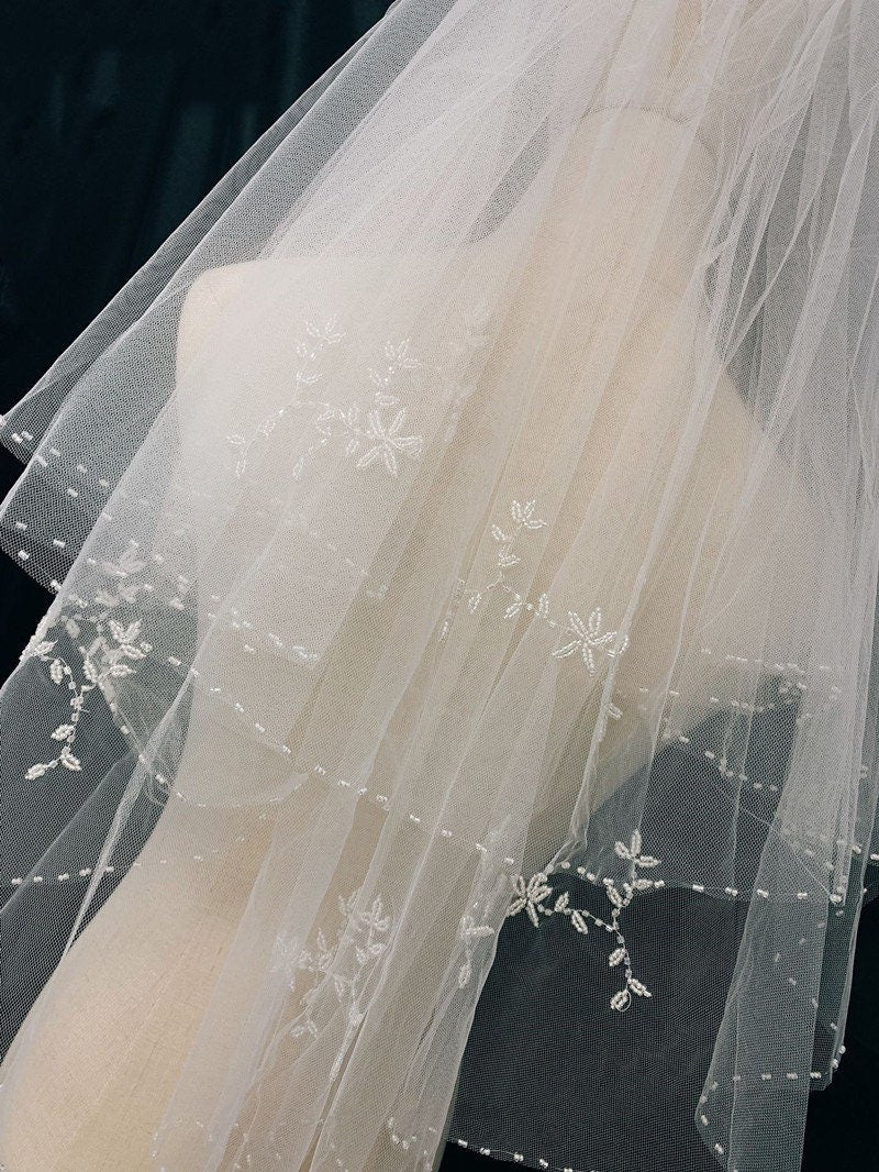 Unique Wedding Bridal Veil with Beaded Flowers. Wedding gift for brides.