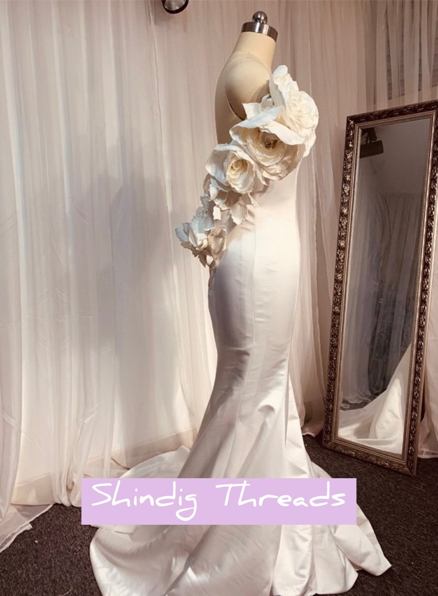 Off the Shoulder Satin Mermaid Wedding Bridal Dress with 3D Flowers, Custom Cream Simple Modest Minimalist Cocktail/Reception Dress