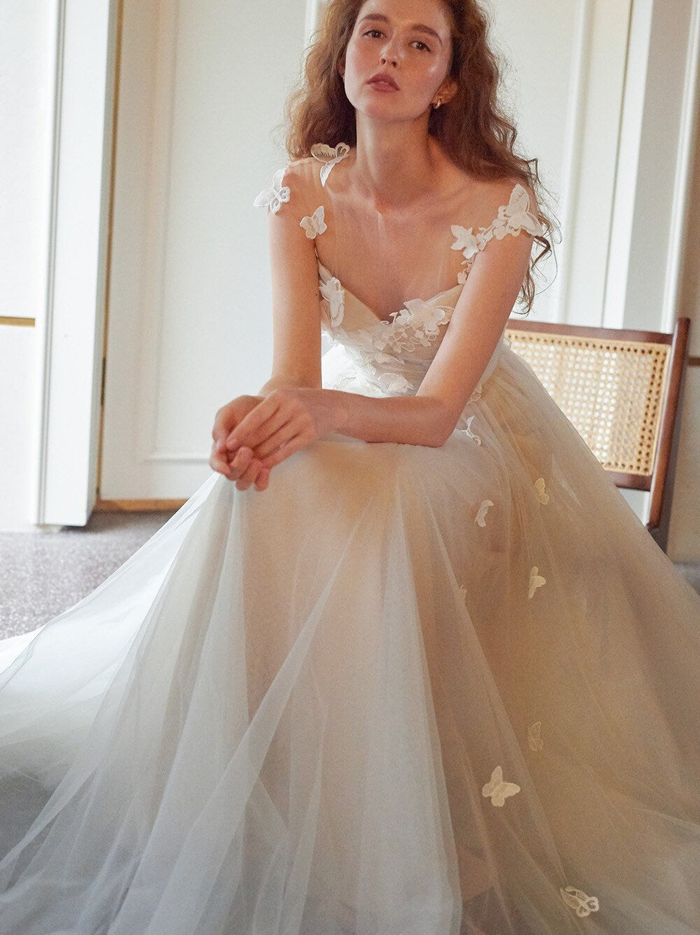 Fairy Butterfly Tulle A-line Wedding Prom Dress with Open Back, Courthouse Civil Wedding, Reception Elopement Gown