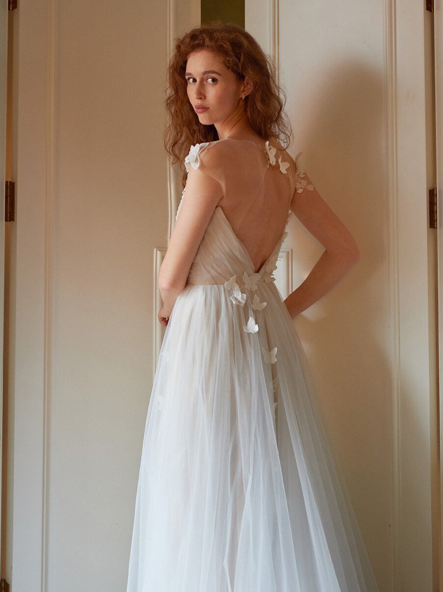 Fairy Butterfly Tulle A-line Wedding Prom Dress with Open Back, Courthouse Civil Wedding, Reception Elopement Gown