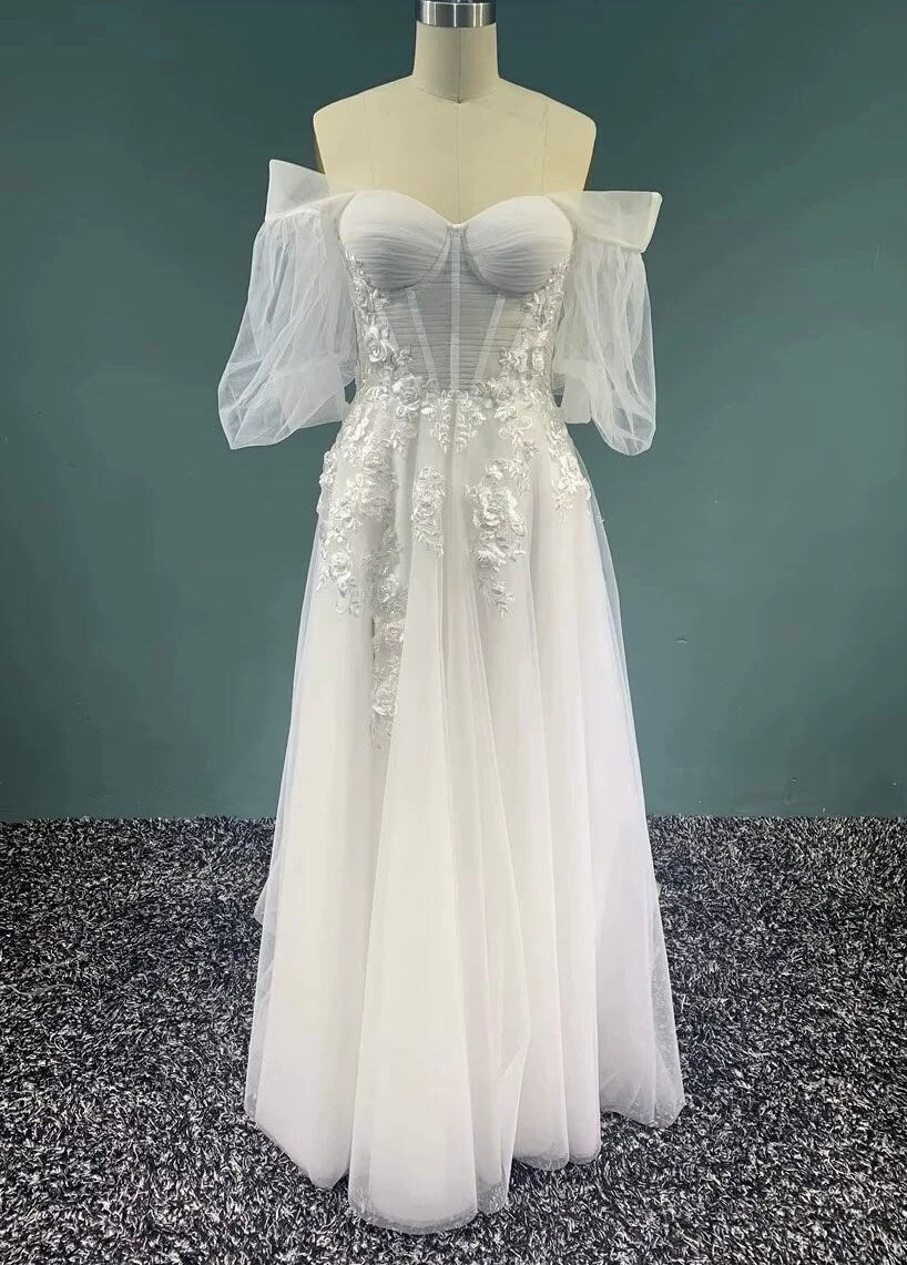 Off the Shoulder Fairy A-line Slit Wedding Dress with Detached Long Sleeves, Custom Sexy Boho Prom Party Gown