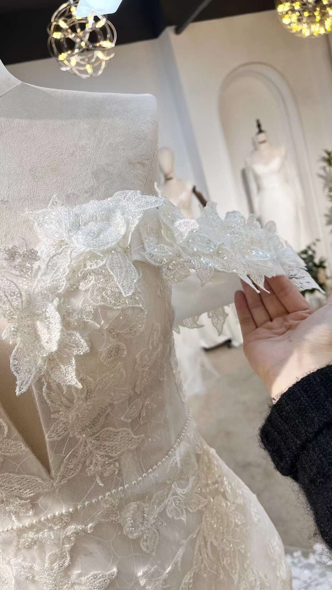 Off the Should Lace Mermaid Wedding Dress with 3D Flowers, Custom Unique Romantic Boho Floral Bridal Gown