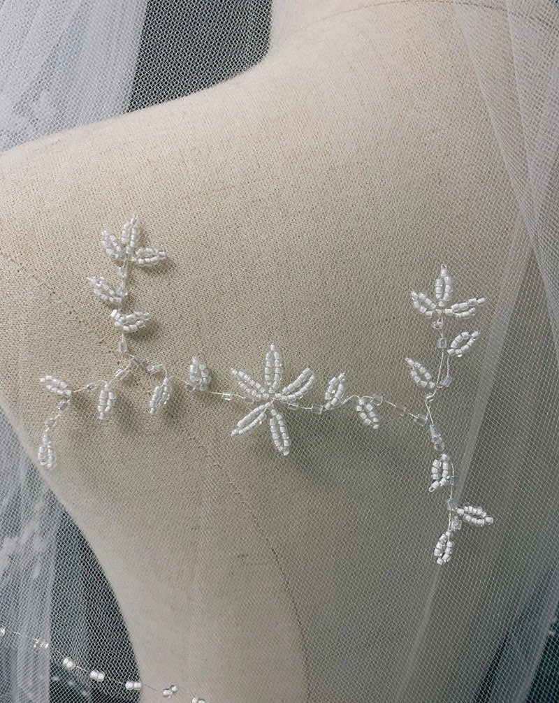 Unique Wedding Bridal Veil with Beaded Flowers. Wedding gift for brides.